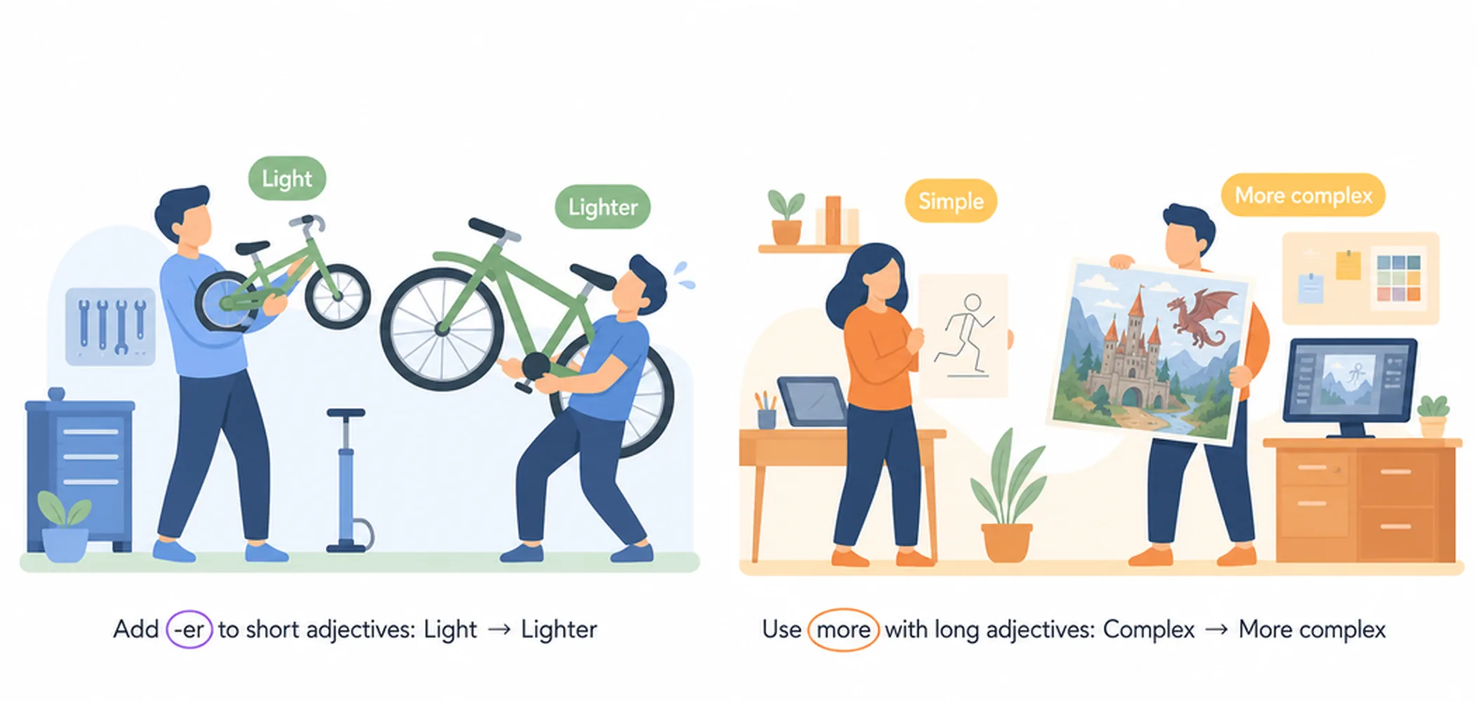 How to form comparatives — -er and more