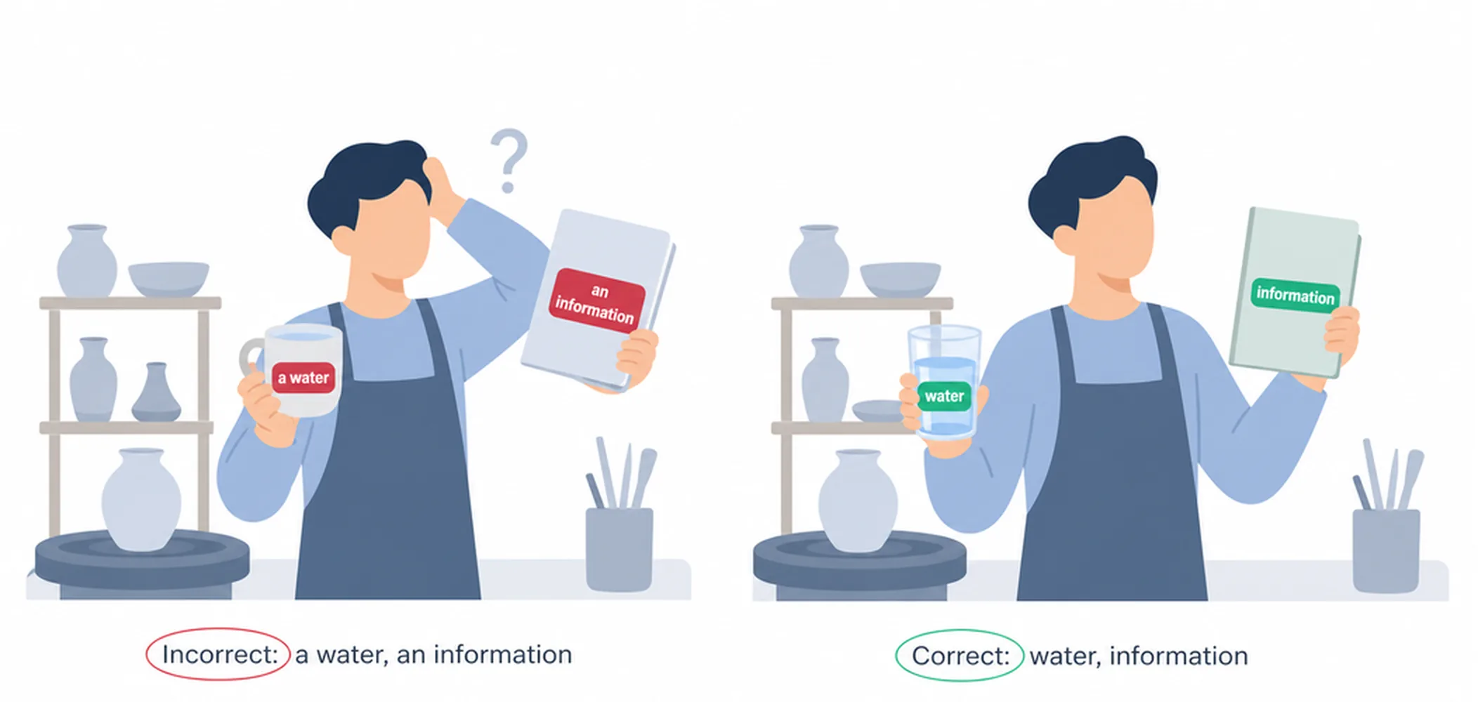 Uncountable nouns with a/an — common mistakes