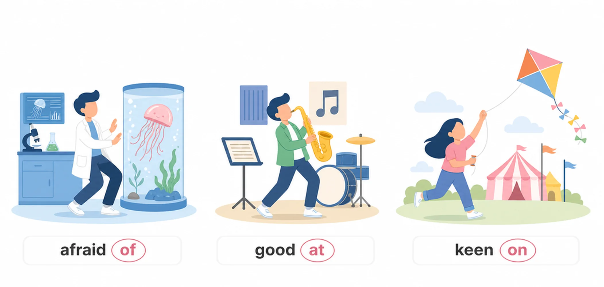 Adjectives + prepositions — afraid of, good at, keen on