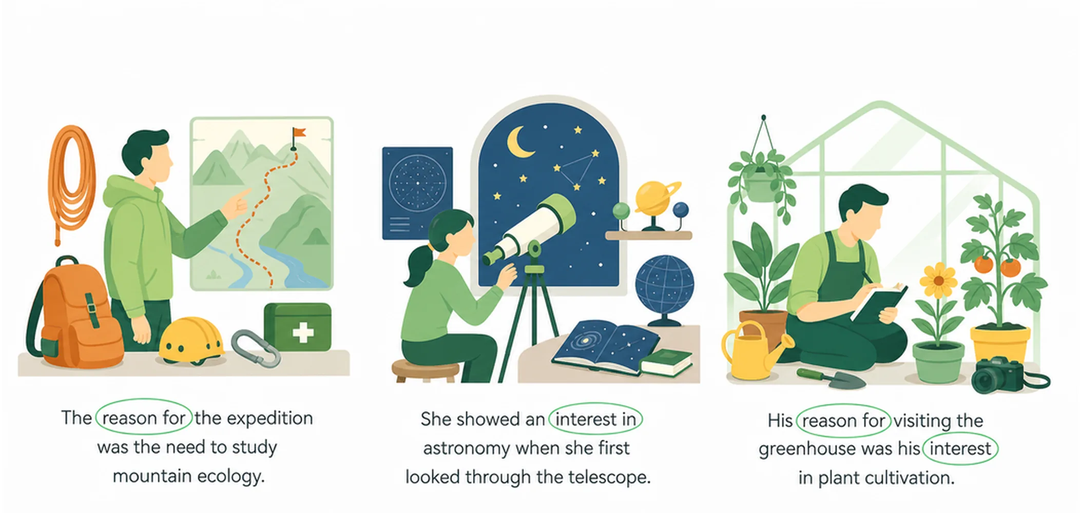 Nouns + prepositions — reason for, interest in