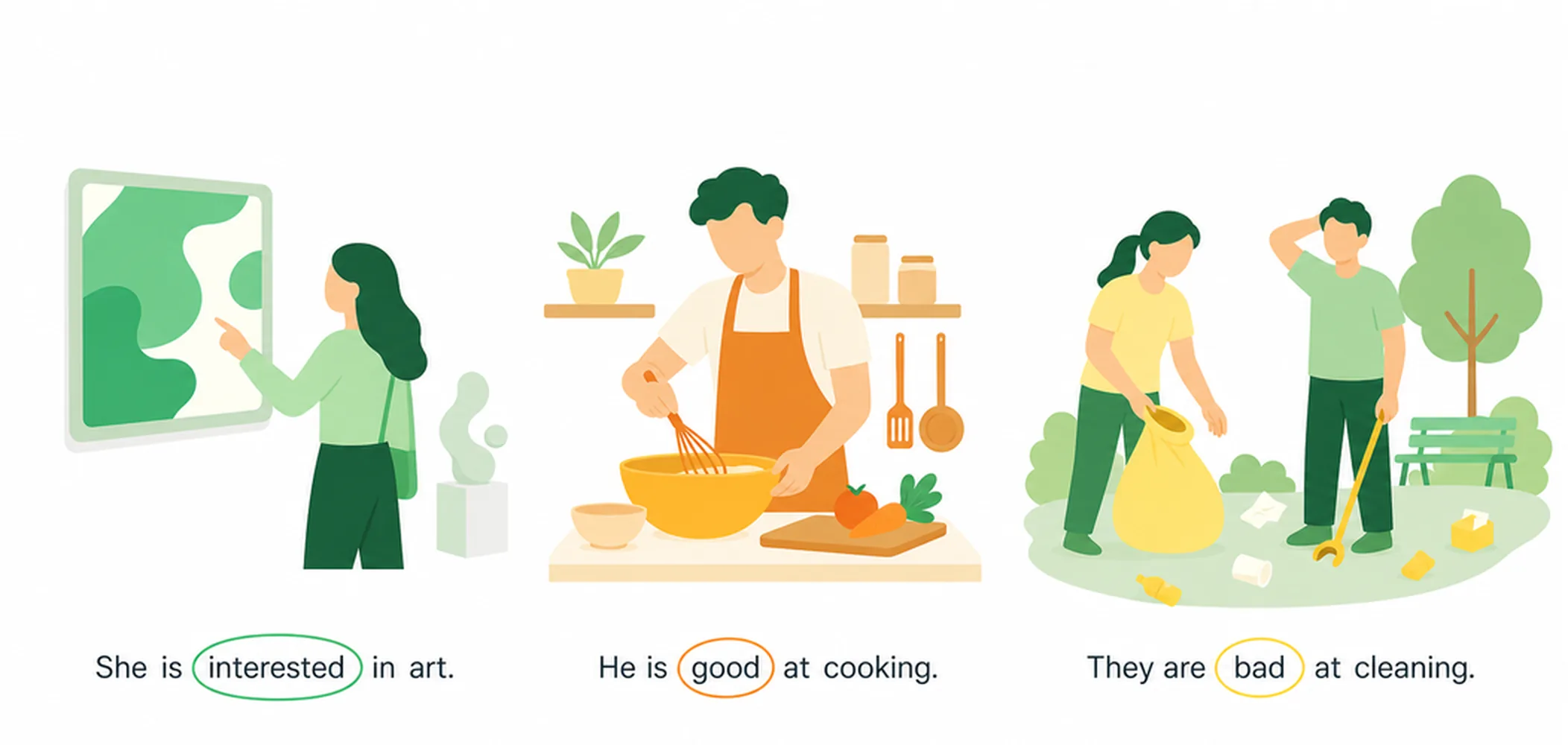 Prepositions after interested, good, bad
