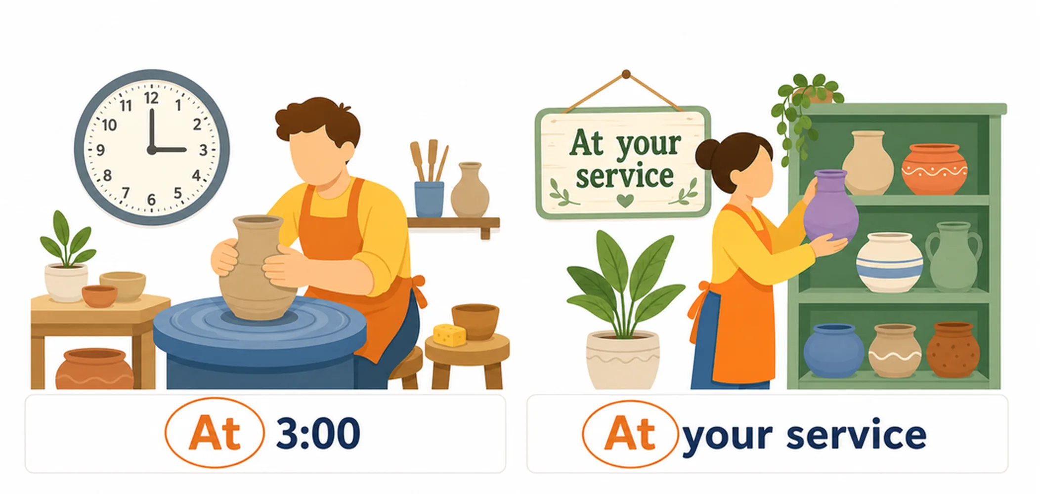 At — clock times and fixed expressions