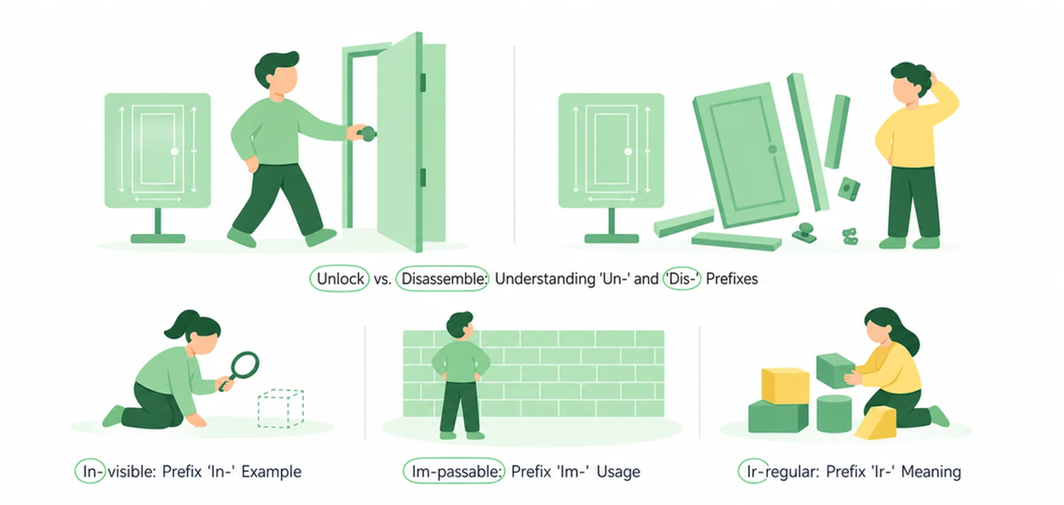 Negative prefixes — un-, dis-, in-, im-, ir-