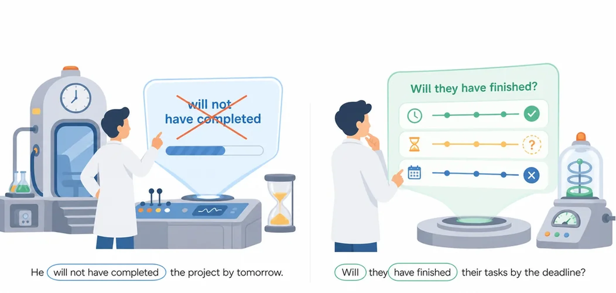 Future perfect — negative and questions