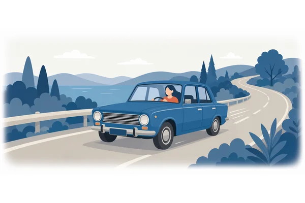 She drives an old blue car that still runs perfectly.