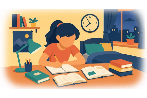 She usually finishes her homework by 8 PM.