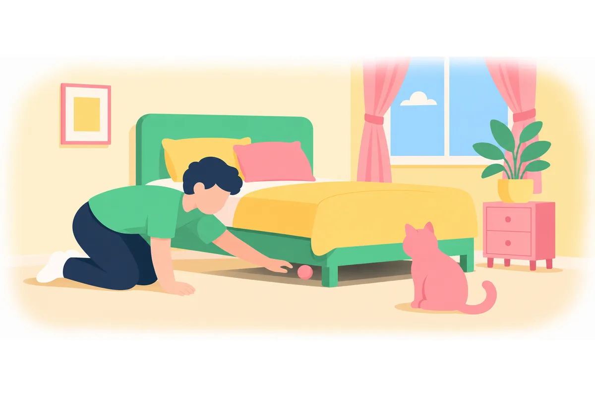 The cat's toy is under the bed.