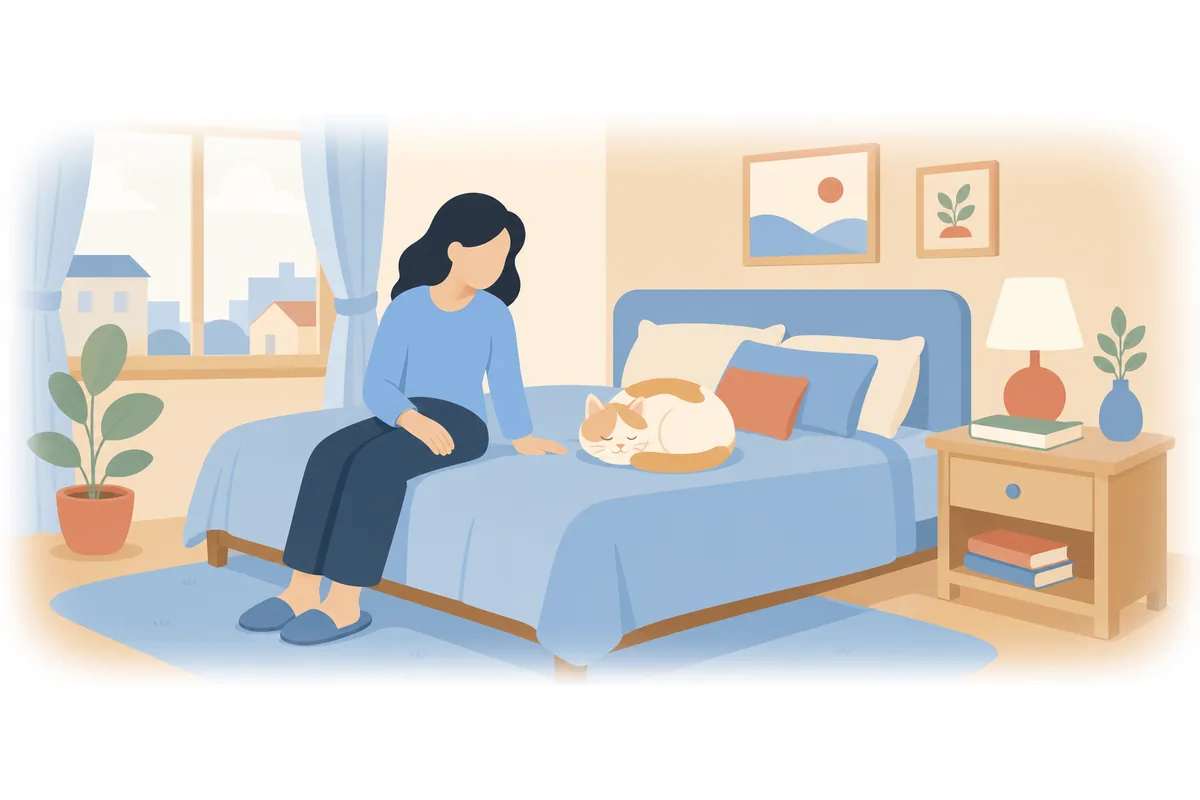 I have a cat. The cat is sleeping on my bed.