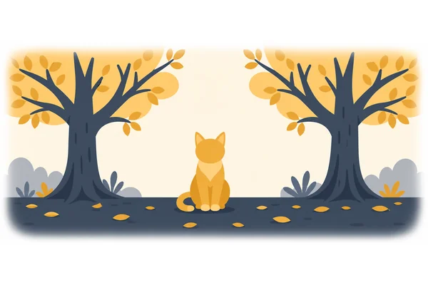 The cat is between the two trees.