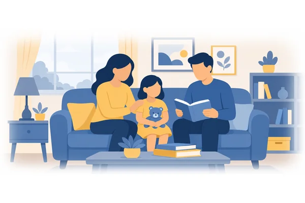 She sat between her mother and her father.