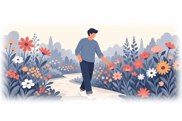 He walked among the flowers in the garden.