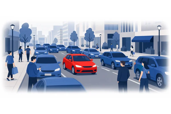 There is one red car among all the blue cars.