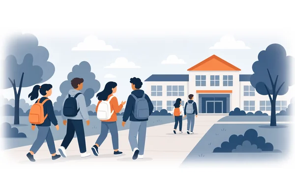 The group of students walks to school.