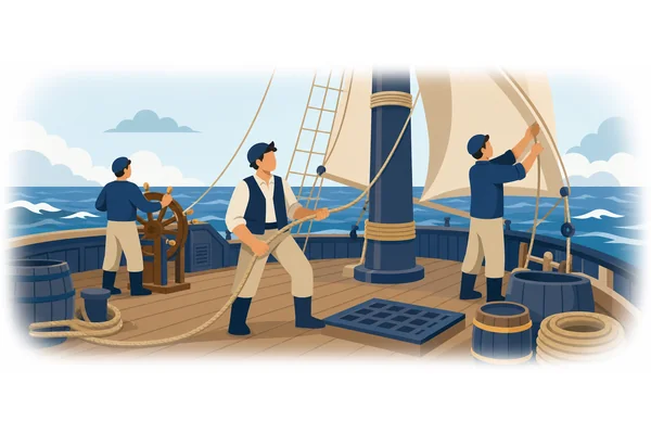 The crew works on the ship.
