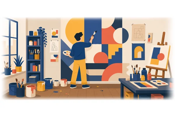 He painted a beautiful mural on the wall of his studio.