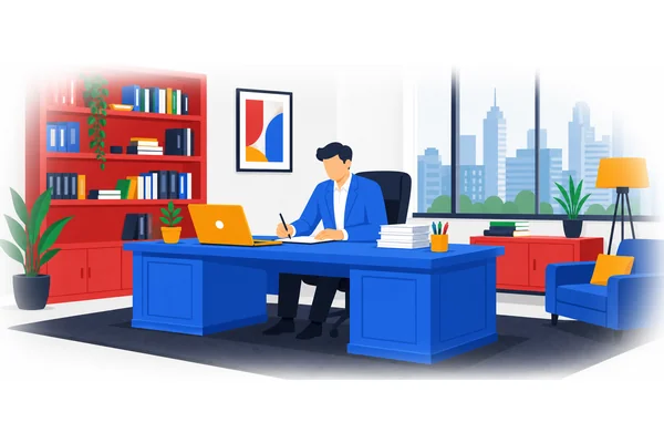 The large wooden desk in the corner of the office belongs to the manager.