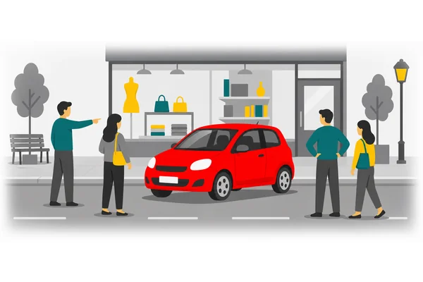 A small red car parked outside the shop caught everyone's attention.