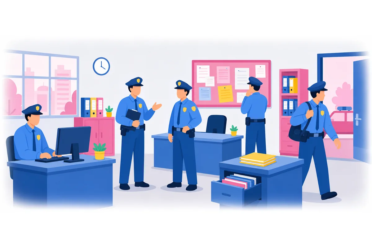 There are five policemen working at the station.
