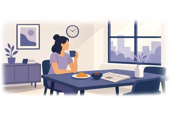 She drinks coffee every morning in the dining room.