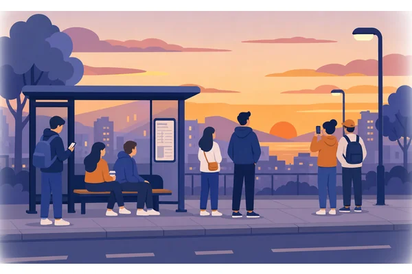 They are going on a bus stop to wait for the sunset.