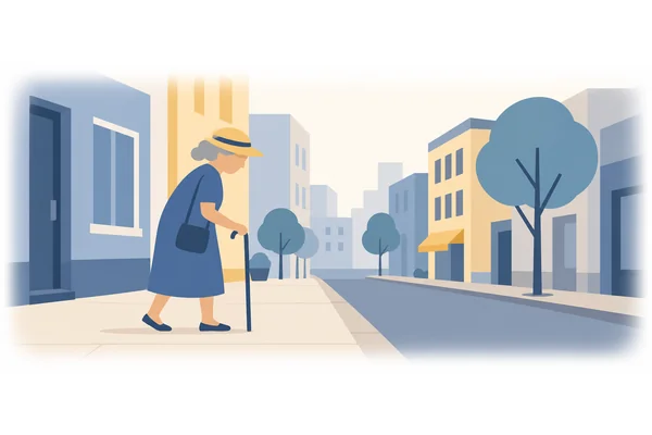 The old woman walked slowly down the street.
