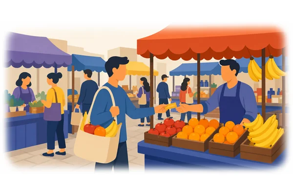 We bought apples, oranges, and bananas at the market.