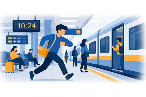 We should hurry, for the train departs in ten minutes.