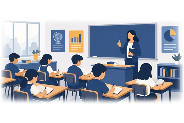 The students are quiet, and the teacher is pleased with them.