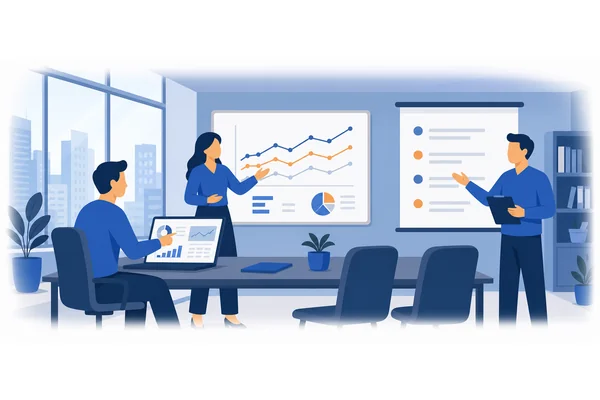 First, we'll review the data. Next, we'll analyze the trends. Finally, we'll present recommendations.