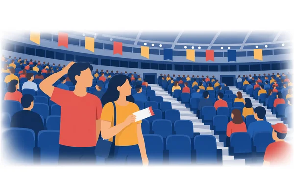 The stadium was full, so we couldn't find any available seats.