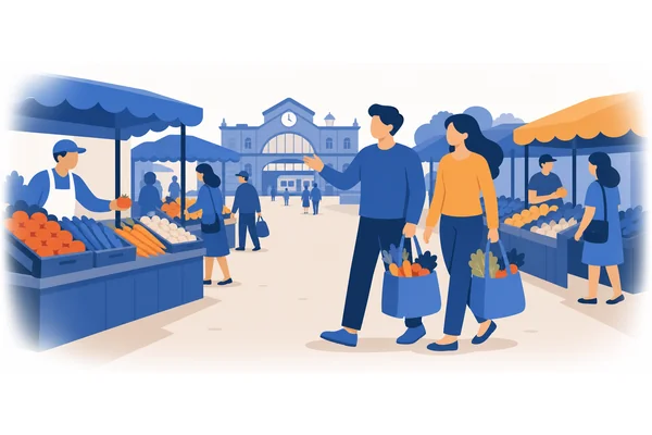 We went to the market, you know, the big one near the station, and bought fresh vegetables.