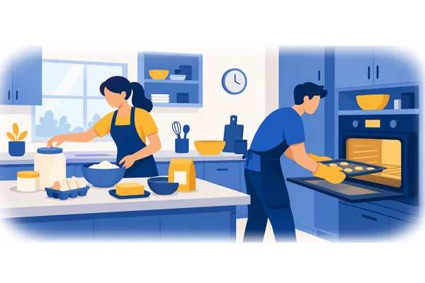 First we prepared the ingredients, then we heated the oven, and after that we started baking.