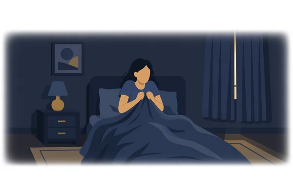 She felt frightened when she woke up in the dark room.