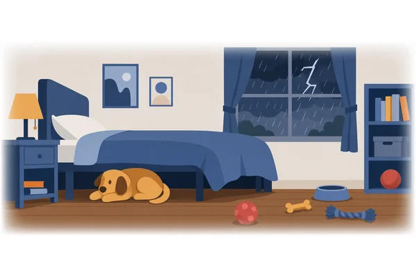 The frightened dog hid under the bed during the storm.