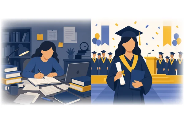 By next month, she will have completed her degree.