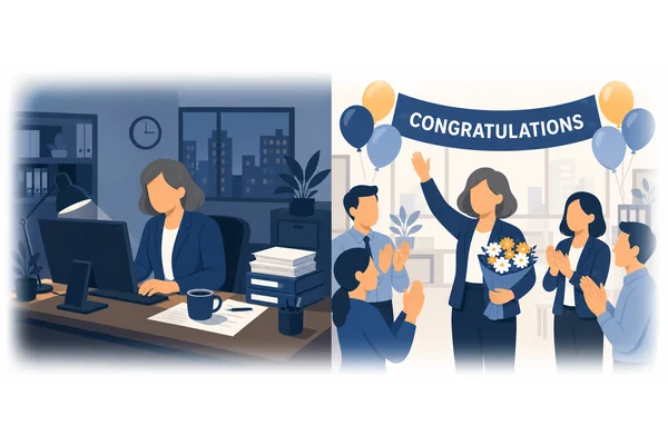 She will have been working at this company for 15 years by her retirement.