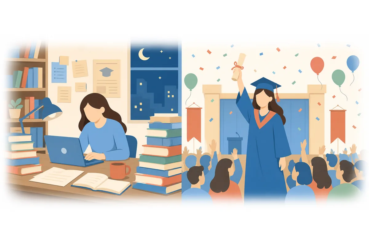 By next month, she will have completed her degree.