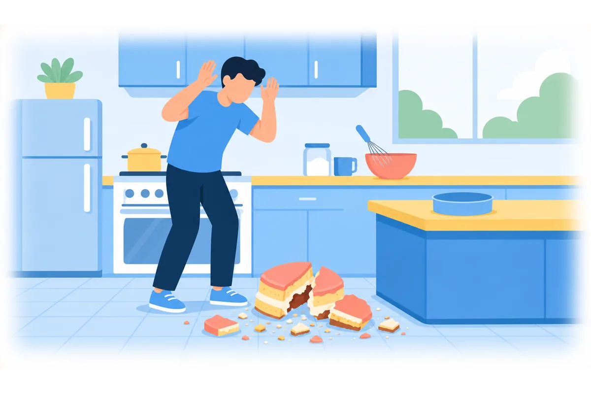 The cake fell on the floor and broke into pieces.