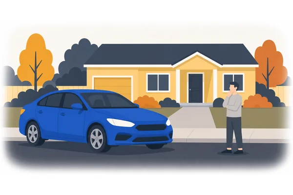 There is a car in front of the house.