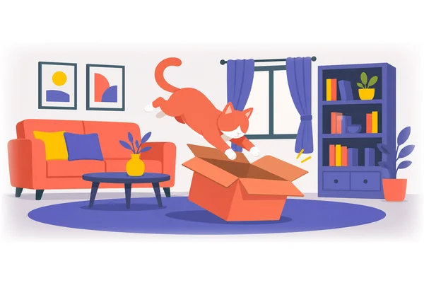 The cat jumped into the box.