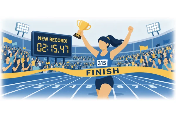 Not only did she win the competition, but also she set a new record.