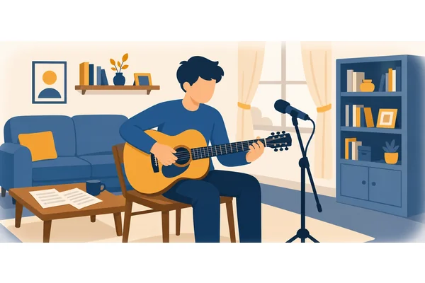 He plays guitar well, but his singing is not as good.