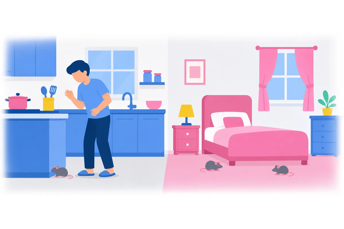 There is one mouse in the kitchen and two mice in the bedroom.