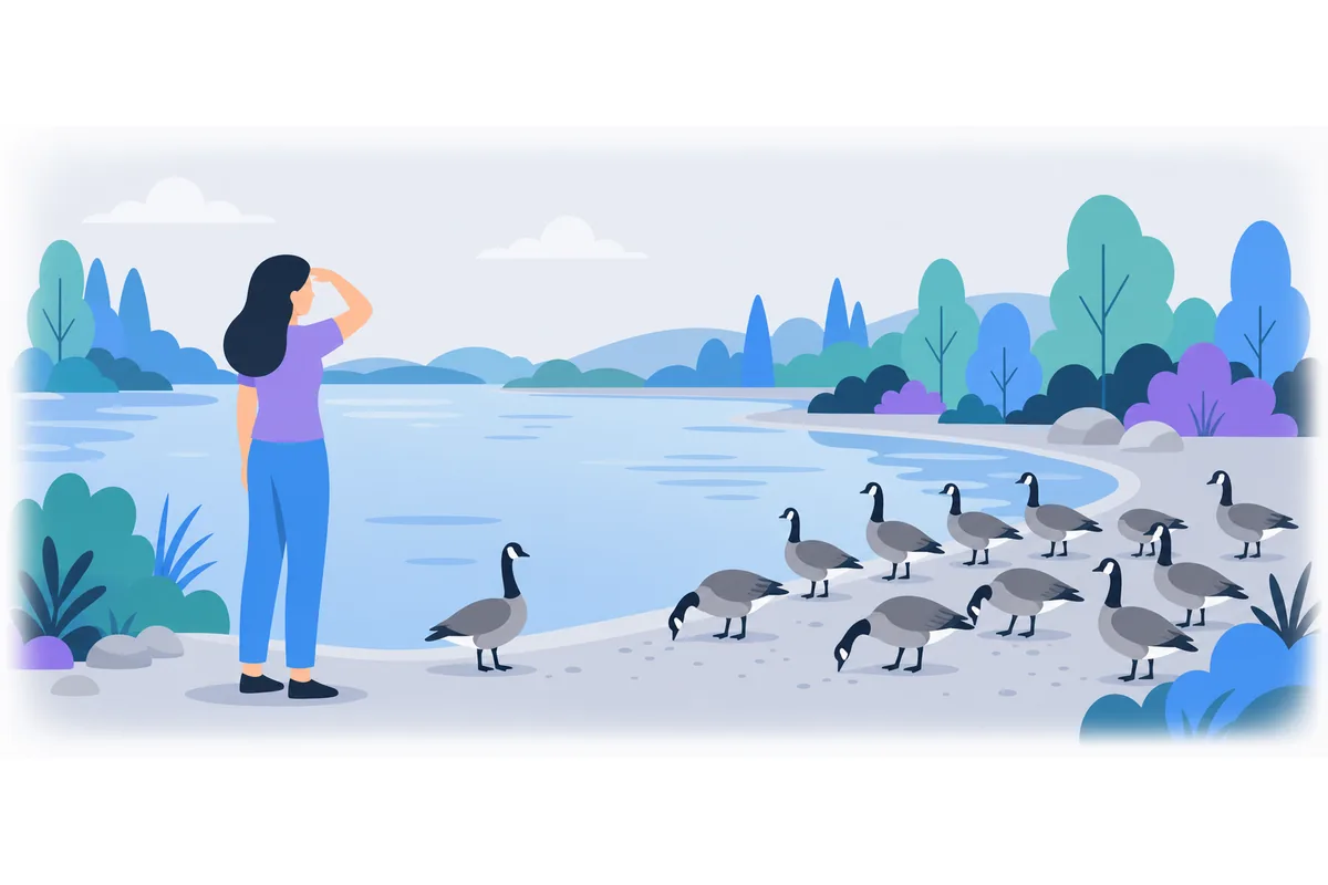 She saw a goose by the lake and ten geese near the water.