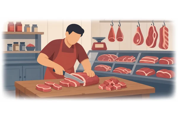 The butcher cut the meat into small pieces this morning.