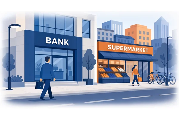 The bank is beside the supermarket.