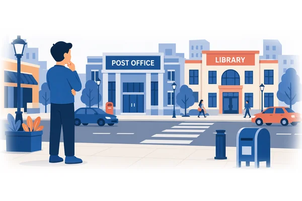 The post office is opposite the library on this street.