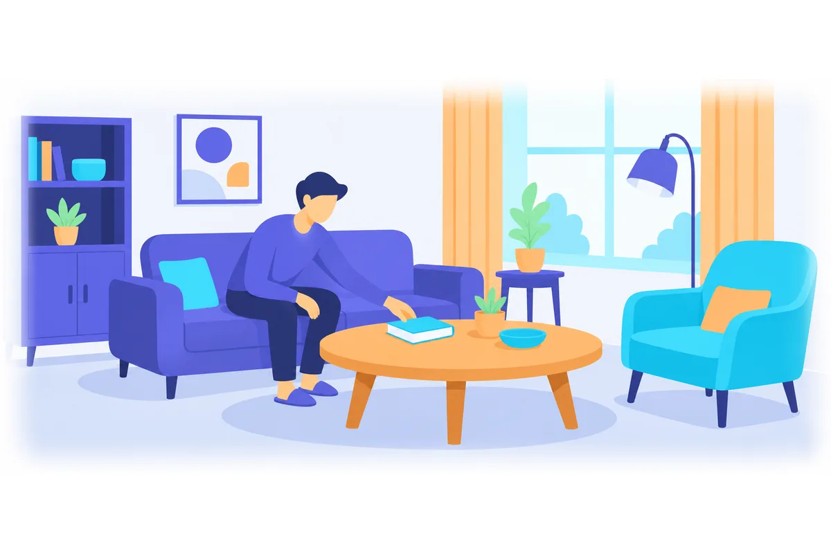 The round wooden table is in the modern living room.