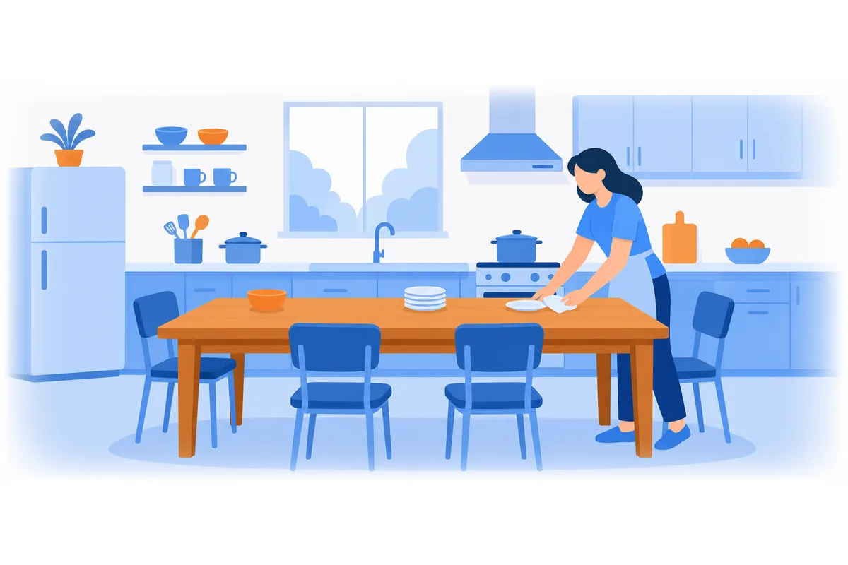 The kitchen has a large wooden table.