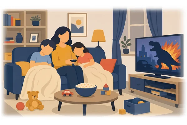 She watched the thrilling film with her exhausted children.